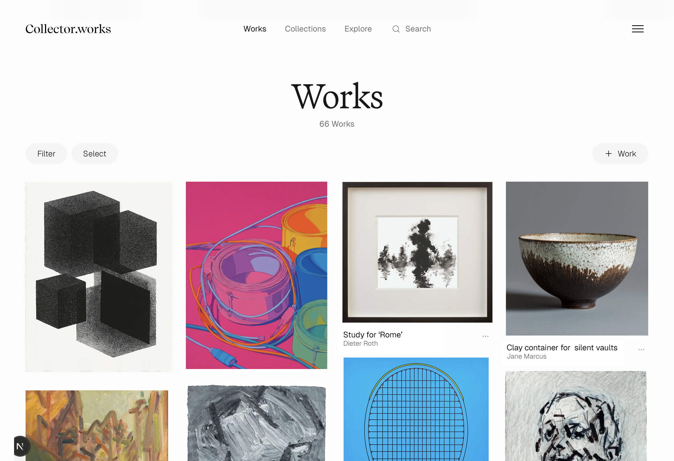 CollectorWorks dashboard showing an art collection with valuations and provenance details