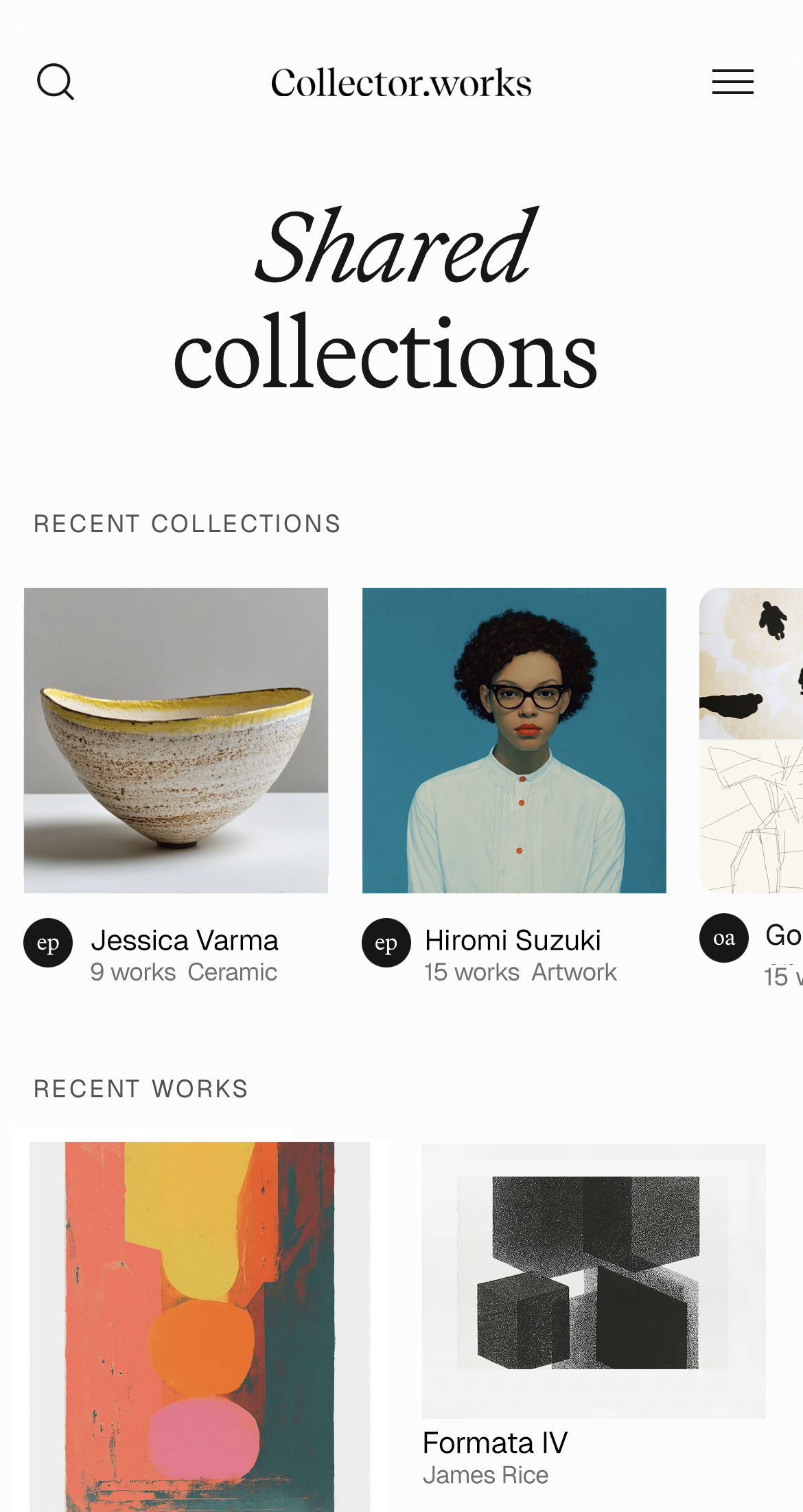 CollectorWorks mobile view showing a shared collection of artworks