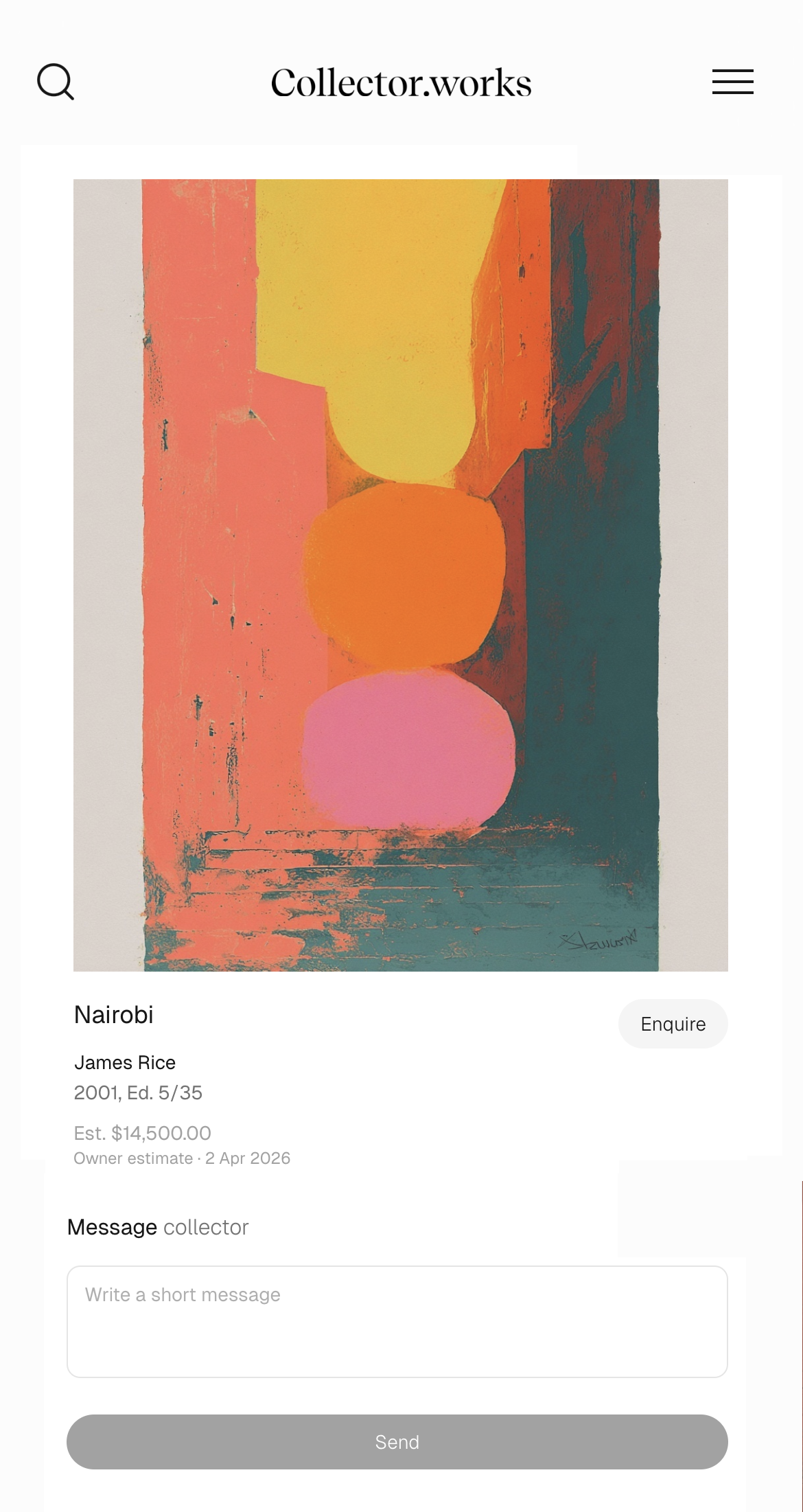 CollectorWorks mobile view showing artwork detail with valuation history